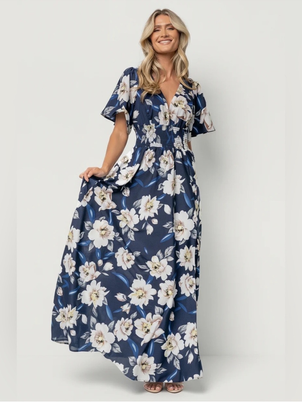 NWT Baltic Born Verona Smocked Maxi Dress in Navy Blue White Floral Sz M